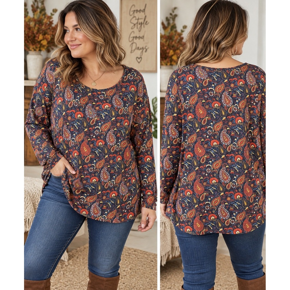 Westbound Woman 2X Paisley Floral Long Sleeve Top Boho Fall Tunic